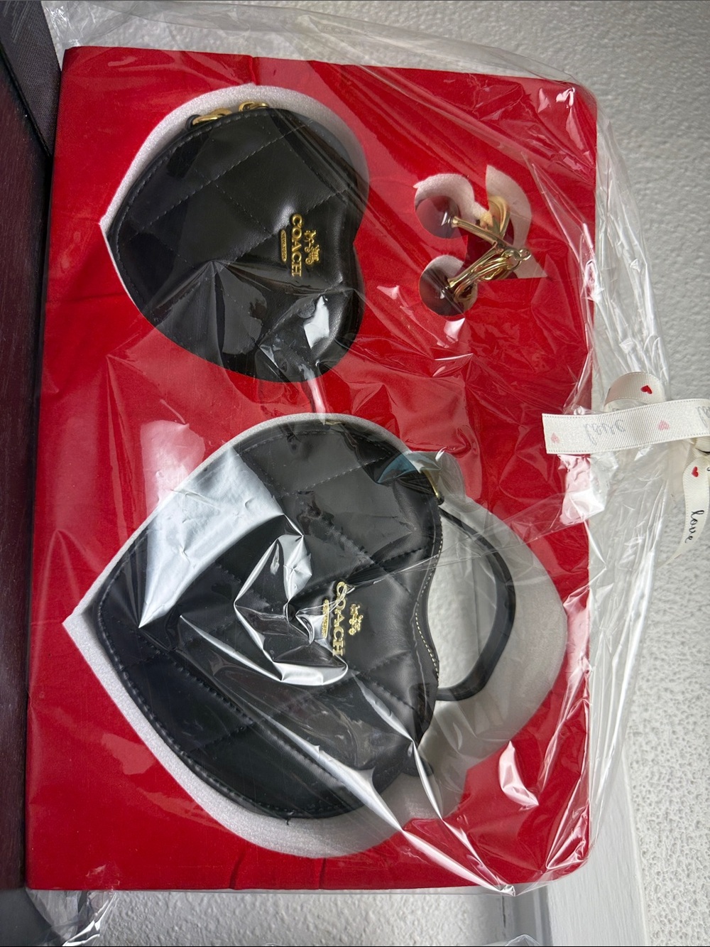 Coach Black Quilted Heart Keyring and Coin Pouch Set with Gold Hardware